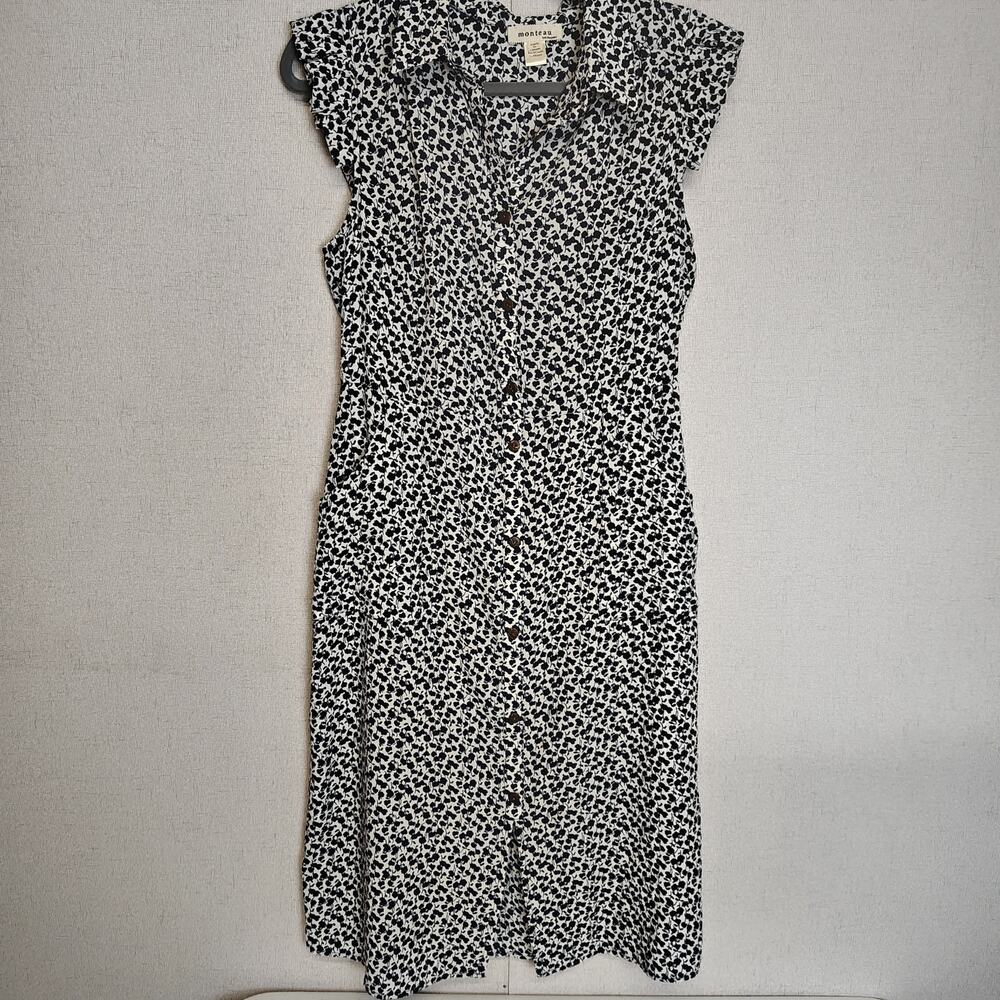 Monteau Los Angeles Navy White Floral Midi Dress Button Front Cottage Preppy